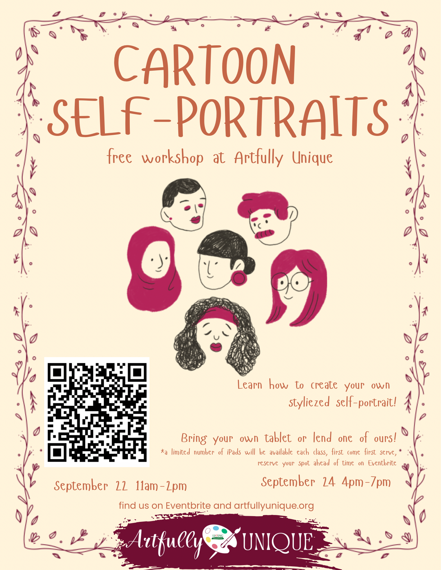 Flyer for a free "Cartoon Self-Portraits" workshop on September 22 (11am–2pm) and September 24 (4pm–7pm) at Artfully Unique. Features illustrations of diverse cartoon avatars, a leaf border design, tablet availability details, and a QR code linking to Eventbrite and artfullyunique.org.