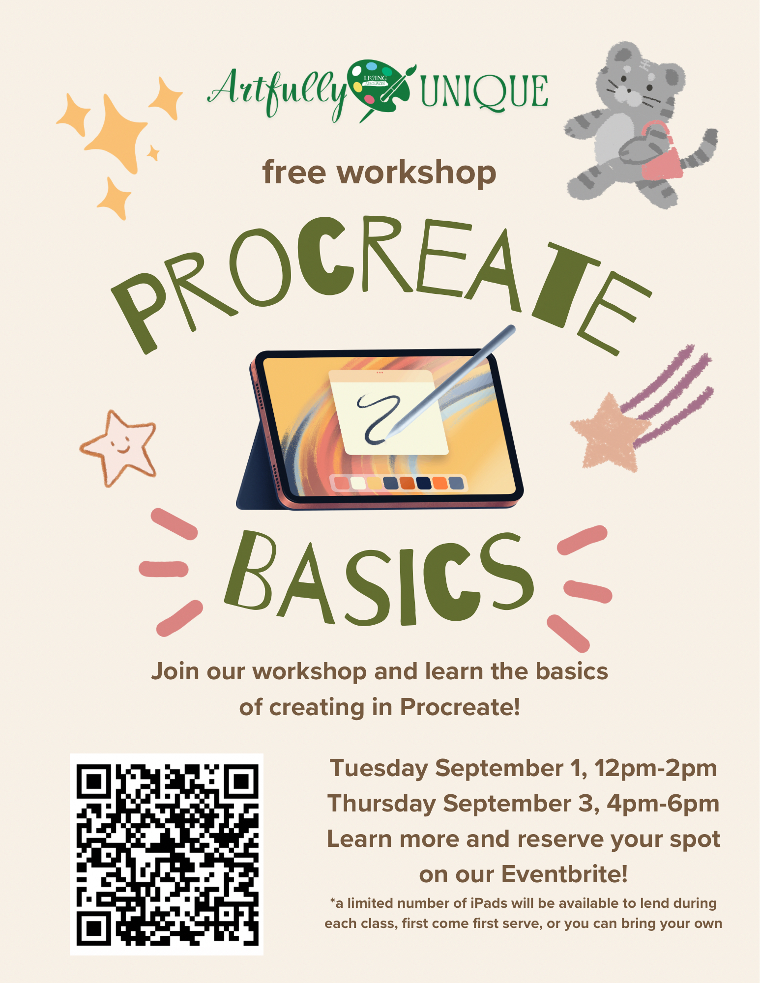 Event flyer for a free "Procreate Basics" workshop teaching digital art creation on iPad. Offers two sessions: Tuesday, September 1 (12pm–2pm) and Thursday, September 3 (4pm–6pm). Features a central illustration of a tablet with a stylus, decorative star drawings, a QR code, and notes on iPad lending availability.
